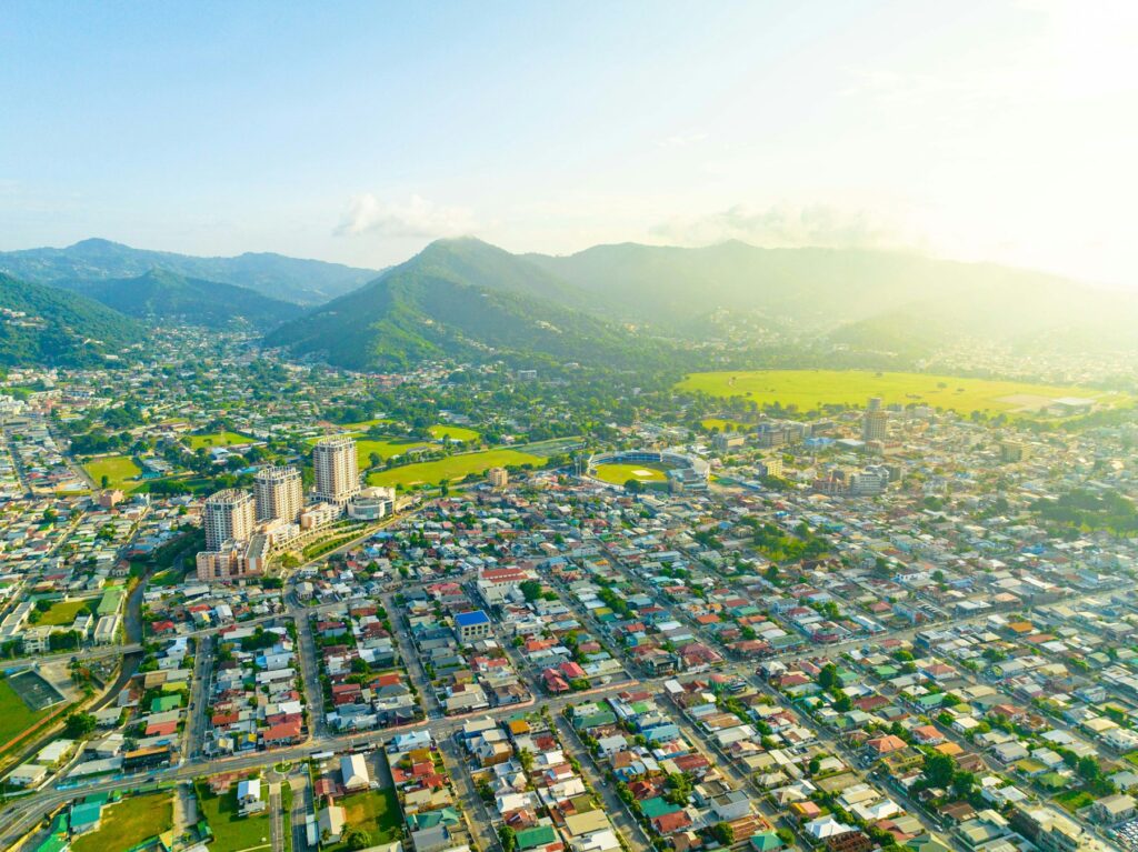 Aerial view of Trinidad with the Northern Range in the background
